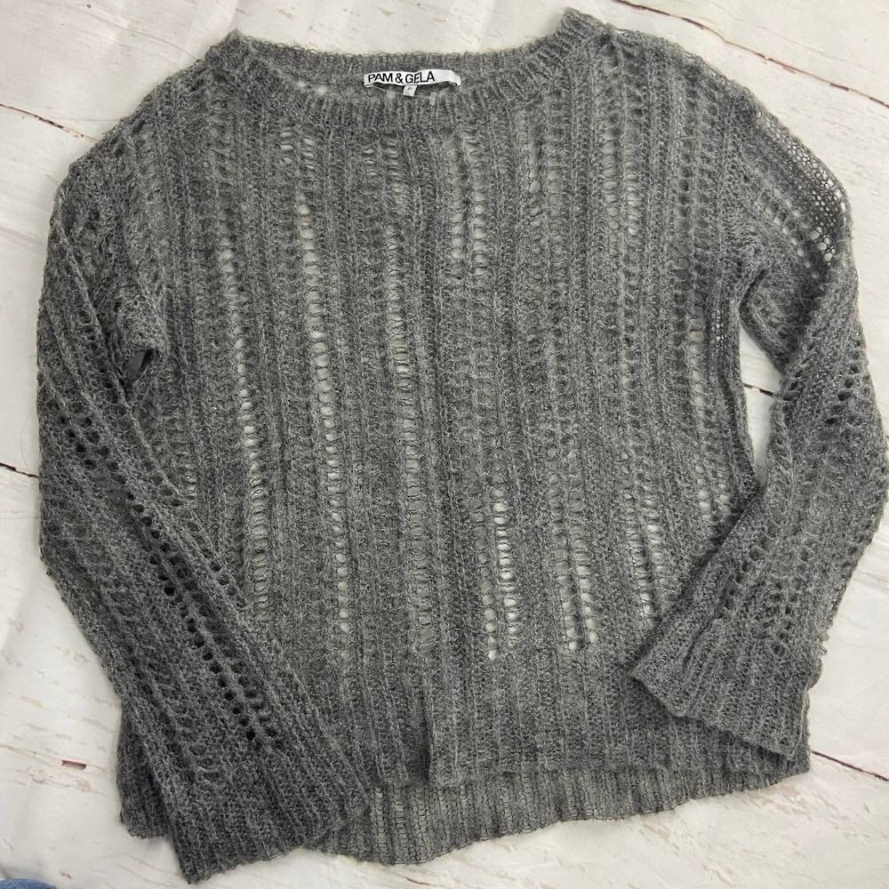 Pam & Gela Open Knit Gray Crew Neck Long Sleeve Sweater Top Womens S